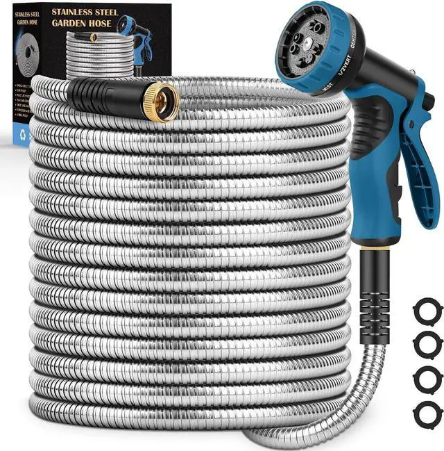 Main image of Garden Hose 50FT, Water Hose with 10 Function Nozzle, Garden Hose Metal with Leak-proof Connectors, Kink-Free & Ultra Flexible, Rust/Pet/Puncture Proof for Lawn, Yard, RV, Car Wash, 550PSI