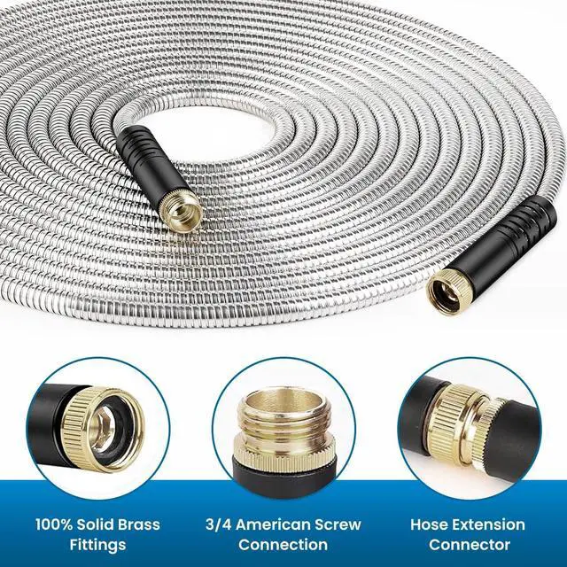 Alt view image 3 of 7 - Garden Hose 50FT, Water Hose with 10 Function Nozzle, Garden Hose Metal with Leak-proof Connectors, Kink-Free & Ultra Flexible, Rust/Pet/Puncture Proof for Lawn, Yard, RV, Car Wash, 550PSI