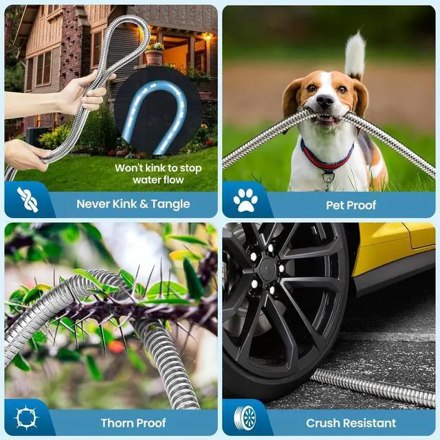 Alt view image 4 of 7 - Garden Hose 50FT, Water Hose with 10 Function Nozzle, Garden Hose Metal with Leak-proof Connectors, Kink-Free & Ultra Flexible, Rust/Pet/Puncture Proof for Lawn, Yard, RV, Car Wash, 550PSI