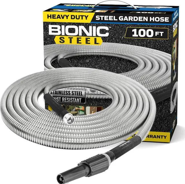Main image of Bionic Steel Metal Garden Hose 100 Ft with Nozzle, 304 Stainless Steel Water Hose 100Ft, Flexible Hose, 100 Ft Garden Hose, Kink Free, Lightweight, Crush Resistant, Easy to Coil, 500 PSI - 2025 Model