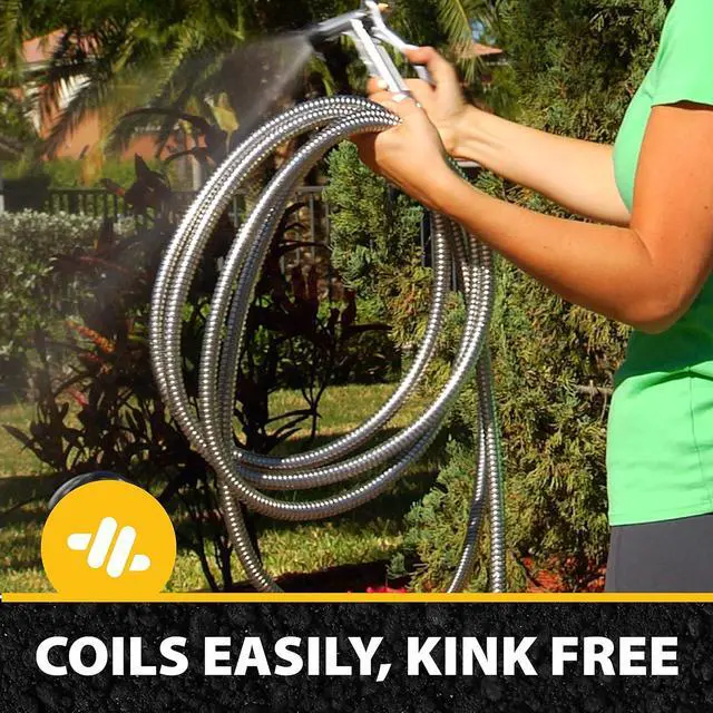 Alt view image 5 of 7 - Bionic Steel Metal Garden Hose 100 Ft with Nozzle, 304 Stainless Steel Water Hose 100Ft, Flexible Hose, 100 Ft Garden Hose, Kink Free, Lightweight, Crush Resistant, Easy to Coil, 500 PSI - 2025 Model
