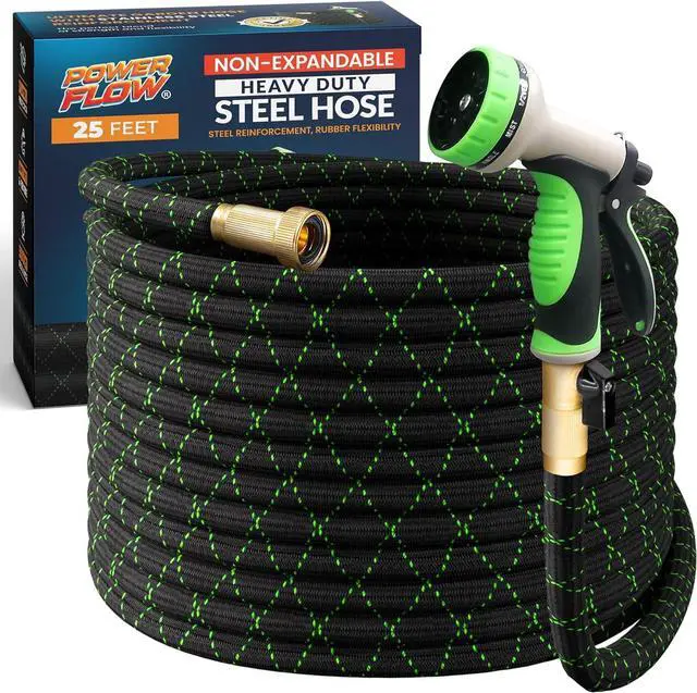 Main image of PowerFlow Garden Hose, NON-EXPANDABLE 25 Feet Premium Quality Stainless Steel Metal Water Hose with Durable Fabric Skin, Hose For Commercial, Residential Use, Bonus 10-way Spray Nozzle (25 Ft, Black)