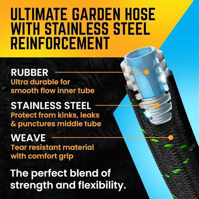 Alt view image 7 of 7 - PowerFlow Garden Hose, NON-EXPANDABLE 25 Feet Premium Quality Stainless Steel Metal Water Hose with Durable Fabric Skin, Hose For Commercial, Residential Use, Bonus 10-way Spray Nozzle (25 Ft, Black)