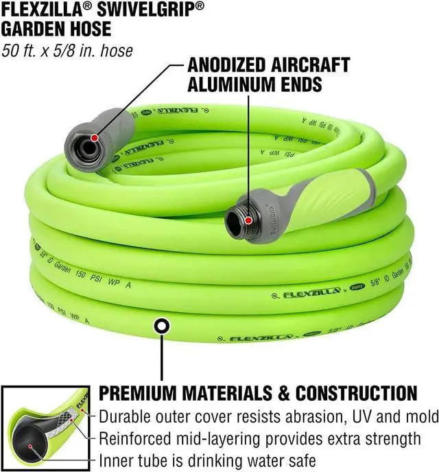Alt view image 2 of 7 - Flexzilla Garden Hose with SwivelGrip, 5/8 in. x 50 ft., Heavy Duty, Lightweight, Drinking Water Safe, ZillaGreen - HFZG550YWS-E