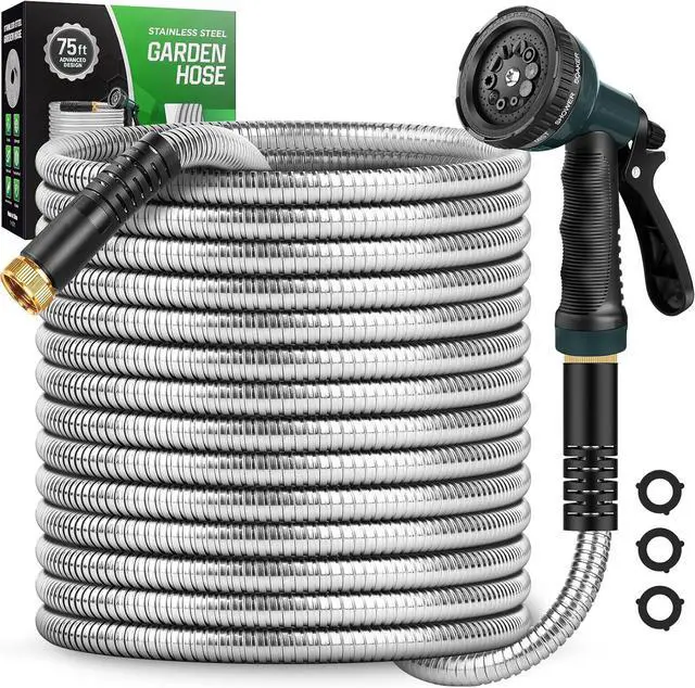 Main image of Garden Hose 75 FT with 10-Function Nozzle, Leak-proof Metal Connector, No Knots, Kink-Free, Lighter, Anti-Pets, Wear-Resistant, 3/4 GHT, Metal Hose for Yard, Outdoor