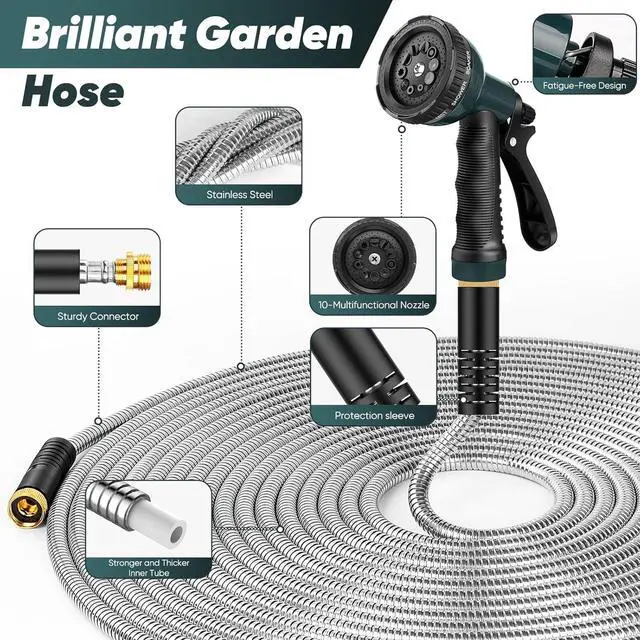 Alt view image 2 of 7 - Garden Hose 75 FT with 10-Function Nozzle, Leak-proof Metal Connector, No Knots, Kink-Free, Lighter, Anti-Pets, Wear-Resistant, 3/4 GHT, Metal Hose for Yard, Outdoor