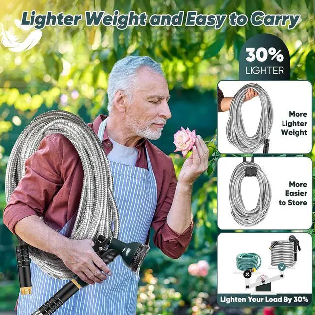 Alt view image 3 of 7 - Garden Hose 75 FT with 10-Function Nozzle, Leak-proof Metal Connector, No Knots, Kink-Free, Lighter, Anti-Pets, Wear-Resistant, 3/4 GHT, Metal Hose for Yard, Outdoor