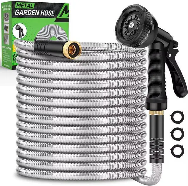 Main image of Garden Hose 50ft, Heavy Duty Stainless Steel Water Hose with 10 Functional Nozzles, No Kink, Lightweight and Flexible, Easy to Use and Store, Strong and Sturdy, Suitable for Yard and Lawn