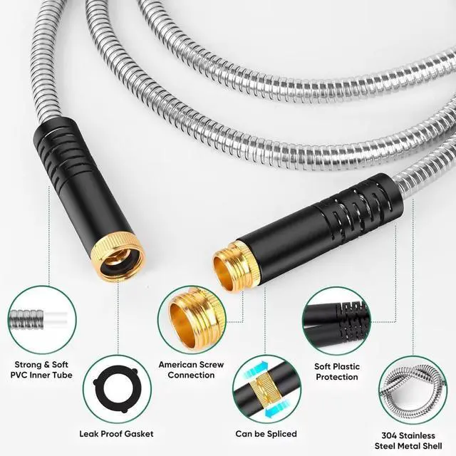 Alt view image 6 of 7 - Garden Hose 50ft, Heavy Duty Stainless Steel Water Hose with 10 Functional Nozzles, No Kink, Lightweight and Flexible, Easy to Use and Store, Strong and Sturdy, Suitable for Yard and Lawn