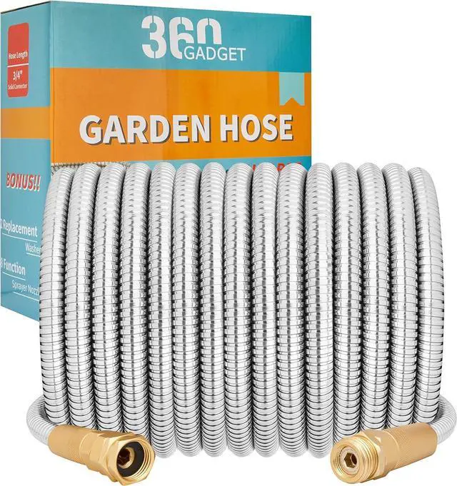 Main image of Garden Hose Metal - 100ft Heavy Duty Stainless Steel Water Hose with 8 Function Sprayer & Metal Fittings, Flexible, Lightweight, No Kink, Puncture Proof Hose for Yard, Outdoors, Rv