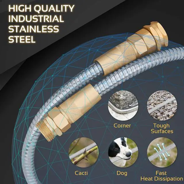 Alt view image 2 of 7 - Garden Hose Metal - 100ft Heavy Duty Stainless Steel Water Hose with 8 Function Sprayer & Metal Fittings, Flexible, Lightweight, No Kink, Puncture Proof Hose for Yard, Outdoors, Rv