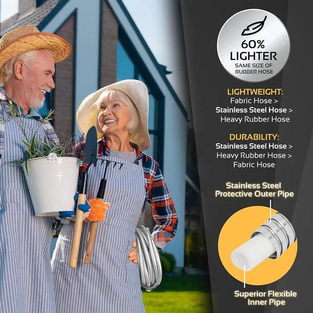 Alt view image 3 of 7 - Garden Hose Metal - 100ft Heavy Duty Stainless Steel Water Hose with 8 Function Sprayer & Metal Fittings, Flexible, Lightweight, No Kink, Puncture Proof Hose for Yard, Outdoors, Rv