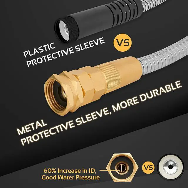 Alt view image 4 of 7 - Garden Hose Metal - 100ft Heavy Duty Stainless Steel Water Hose with 8 Function Sprayer & Metal Fittings, Flexible, Lightweight, No Kink, Puncture Proof Hose for Yard, Outdoors, Rv