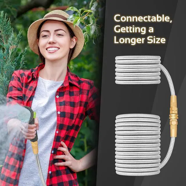 Alt view image 7 of 7 - Garden Hose Metal - 100ft Heavy Duty Stainless Steel Water Hose with 8 Function Sprayer & Metal Fittings, Flexible, Lightweight, No Kink, Puncture Proof Hose for Yard, Outdoors, Rv