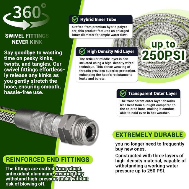 Alt view image 2 of 6 - Flexible Garden Hose 100 FT - Heavy Duty Non-Expandable 100FT Outdoor Water Hose Pipe, 1/2" x 100Feet, 3/4" Solid Swivel Fittings, 100 Feet, Kink and Leak Proof