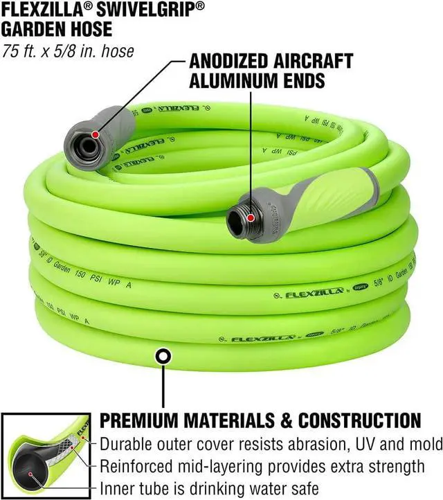 Alt view image 2 of 7 - Flexzilla Garden Hose with SwivelGrip, 5/8 in. x 75 ft., Heavy Duty, Lightweight, Drinking Water Safe, ZillaGreen - HFZG575YWS-E