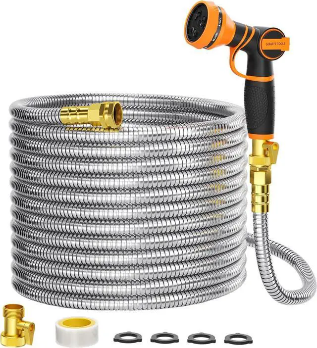 Main image of Giraffe Tools Garden Hose 100ft x 5/8", 304 Stainless Steel Metal Water Hose, No Kink Garden Water Hose with 9 Pattern Spray Nozzle, Flexible, Lightweight, Kink Free Hose for Yard, Outdoor