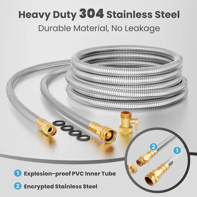 Alt view image 2 of 7 - Giraffe Tools Garden Hose 100ft x 5/8", 304 Stainless Steel Metal Water Hose, No Kink Garden Water Hose with 9 Pattern Spray Nozzle, Flexible, Lightweight, Kink Free Hose for Yard, Outdoor