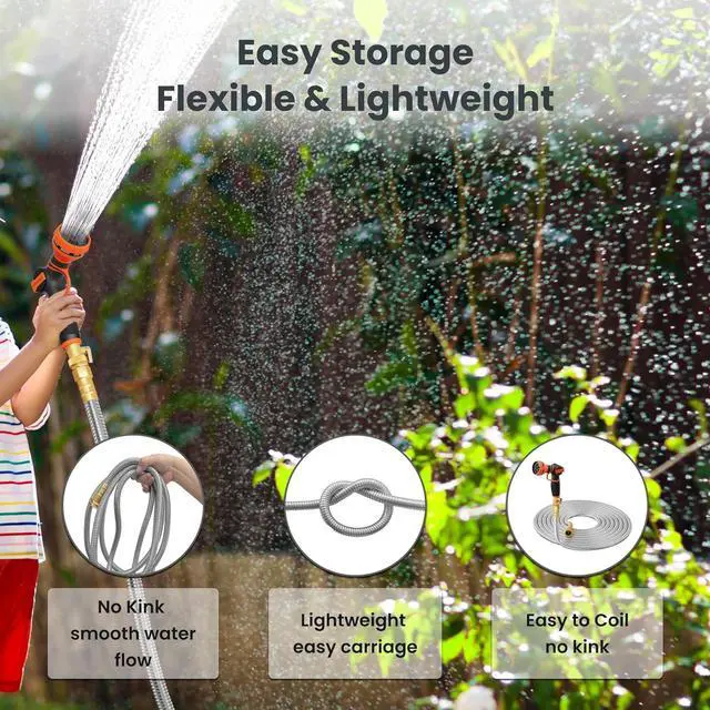 Alt view image 3 of 7 - Giraffe Tools Garden Hose 100ft x 5/8", 304 Stainless Steel Metal Water Hose, No Kink Garden Water Hose with 9 Pattern Spray Nozzle, Flexible, Lightweight, Kink Free Hose for Yard, Outdoor
