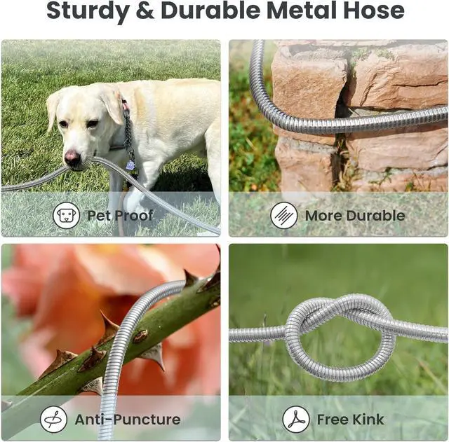 Alt view image 5 of 7 - Giraffe Tools Garden Hose 100ft x 5/8", 304 Stainless Steel Metal Water Hose, No Kink Garden Water Hose with 9 Pattern Spray Nozzle, Flexible, Lightweight, Kink Free Hose for Yard, Outdoor