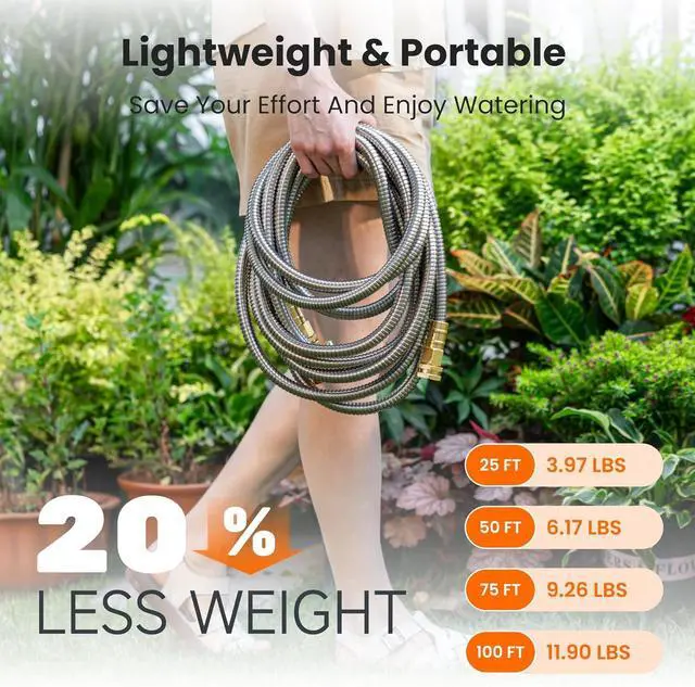 Alt view image 4 of 7 - Giraffe Tools Garden Hose 100ft x 5/8", 304 Stainless Steel Metal Water Hose, No Kink Garden Water Hose with 9 Pattern Spray Nozzle, Flexible, Lightweight, Kink Free Hose for Yard, Outdoor