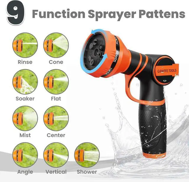 Alt view image 7 of 7 - Giraffe Tools Garden Hose 100ft x 5/8", 304 Stainless Steel Metal Water Hose, No Kink Garden Water Hose with 9 Pattern Spray Nozzle, Flexible, Lightweight, Kink Free Hose for Yard, Outdoor