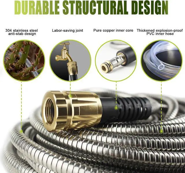 Alt view image 2 of 7 - Relxitl Garden Hose 50FT, Stainless Steel Garden Hose Metal, Flexible Water Hose with Sprayer for Yard Never Kink and Tangle, Durable and Leak Proof, Lightweight Hose for Outdoor Use