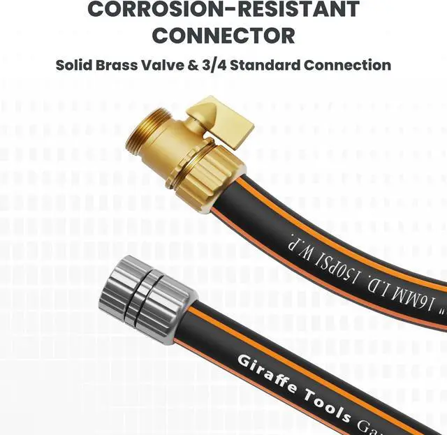 Alt view image 3 of 6 - Giraffe Tools Hybrid Garden Hose 75ft x 5/8", Male and Female Fittings with Shut off Valve, Flexible, Heavy Duty, Leakproof, Lightweight Water Hose