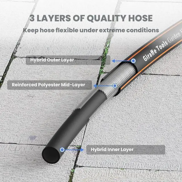 Alt view image 2 of 6 - Giraffe Tools Hybrid Garden Hose 75ft x 5/8", Male and Female Fittings with Shut off Valve, Flexible, Heavy Duty, Leakproof, Lightweight Water Hose