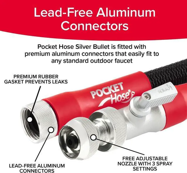 Alt view image 6 of 7 - Pocket Hose Silver Bullet 2.0 Expandable Garden Hose 75-FT with Turbo Shot Nozzle, AS-SEEN-ON-TV, Lead-Free, Solid Aluminum Connectors, Easy On/Off Valve, Kink-Free, Leak-Proof