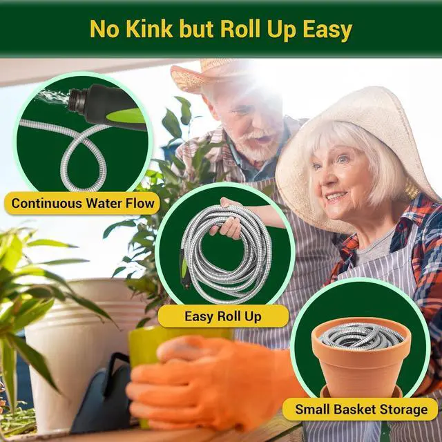 Alt view image 4 of 6 - Garden Hose - Water Hose 25 FT with Swivel Handle & 8 Function Nozzle, Flexible, Heavy Duty, No Kink, Lightweight Metal Hose for Outdoor, Yard, 304 Stainless Stee