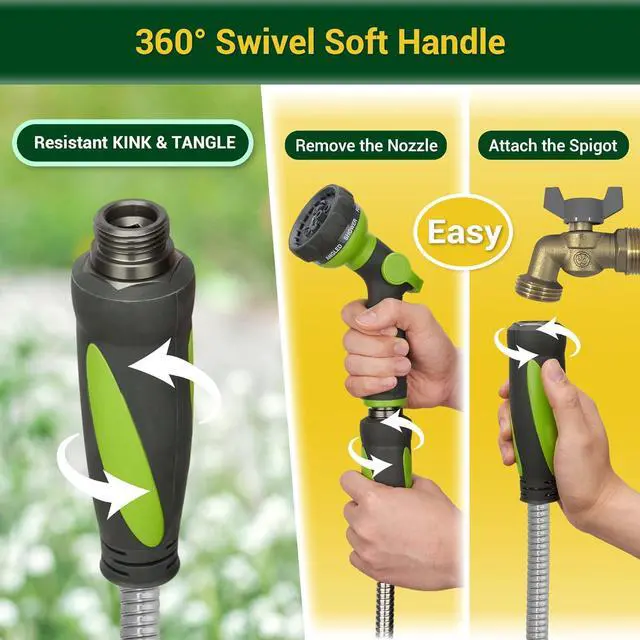 Alt view image 5 of 6 - Garden Hose - Water Hose 25 FT with Swivel Handle & 8 Function Nozzle, Flexible, Heavy Duty, No Kink, Lightweight Metal Hose for Outdoor, Yard, 304 Stainless Stee