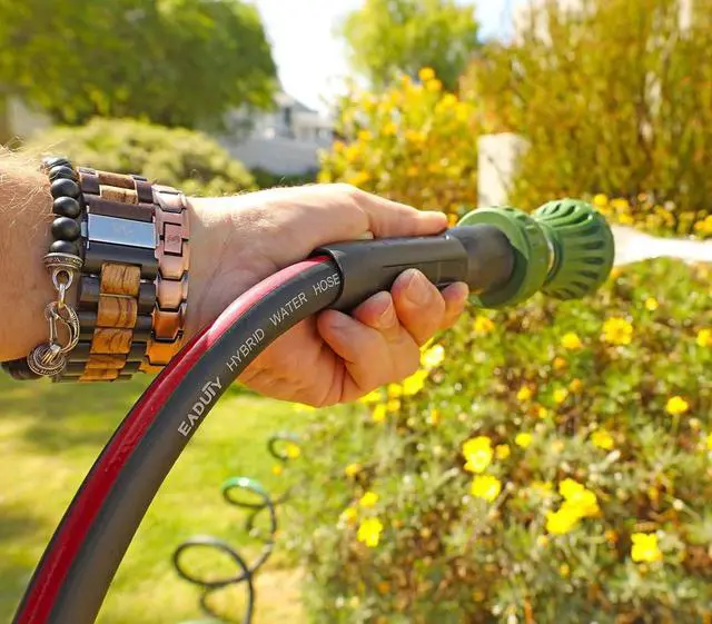 Alt view image 5 of 6 - Hybrid Garden Hose 5/8 IN. x 50 FT, Heavy Duty, Lightweight, Flexible with Swivel Grip Handle and Solid Brass Fittings, Gray+Red