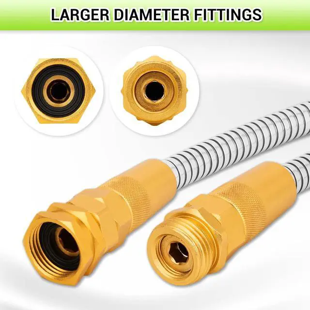 Alt view image 2 of 6 - Garden Hose Metal 100FT Heavy Duty 304 Stainless Steel Water Hose with 8-Pattern Nozzle, Lightweight, Flexible, Puncture Proof, Kink-Free, High Pressure, Solid Metal Fittings for Yard, Outdoors, RV