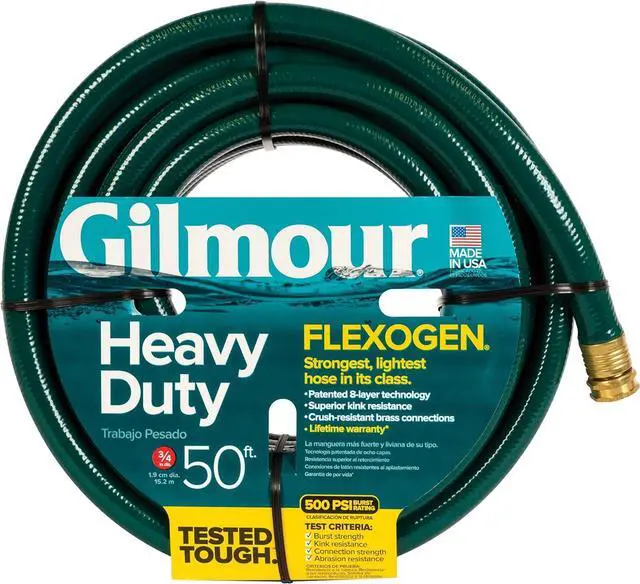 Main image of Gilmour Flexogen 3/4 in x 50 ft Garden Hose, Heavy Duty Water Hose, Flexible and Kink Resistant Outdoor Hose, Green