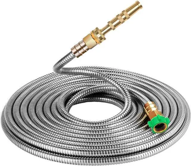 Main image of 304 Stainless Steel Metal Garden Hose 75 Feet with Brass Garden Hose Nozzle Flexible, Portable & Lightweight Kink Free Garden Water Outdoor Hose