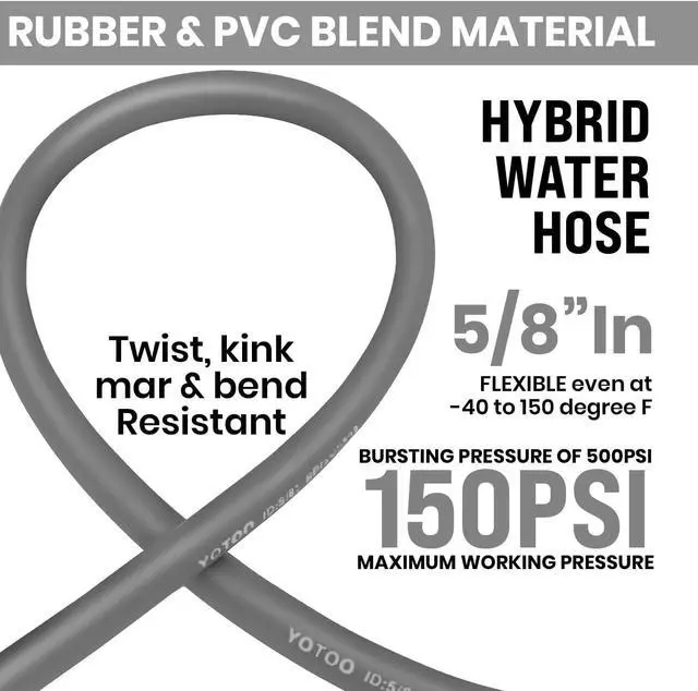 Alt view image 2 of 6 - YOTOO Heavy Duty Hybrid Garden Water Hose 5/8-Inch by 50-Feet 150 PSI Kink Resistant, Flexible with Swivel Grip Handle and 3/4" GHT Solid Brass Fittings, Gray