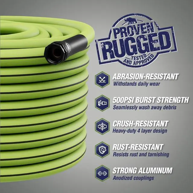 Alt view image 2 of 7 - Rugged Rhino Heavy Duty Flexible Light Weight Garden Hose, 25ft x 5/8in, 4 Layer Leakproof Outdoor Gardening Tools, Watering Supplies, Powerful Water Pressure for Lawn, Flowers, Green Black