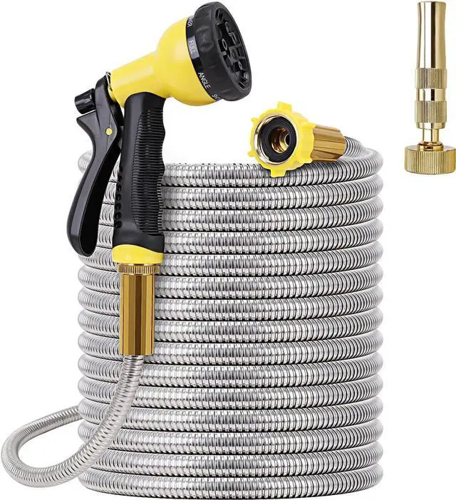 Main image of FOXEASE Metal Garden Hose 75FT - Stainless Steel Heavy Duty Water Hose with Metal Nozzle & 8 Function Sprayer, Portable & Lightweight Kink Free Yard Hose, Outdoor Hose