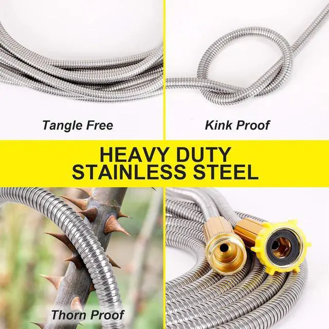 Alt view image 3 of 7 - FOXEASE Metal Garden Hose 75FT - Stainless Steel Heavy Duty Water Hose with Metal Nozzle & 8 Function Sprayer, Portable & Lightweight Kink Free Yard Hose, Outdoor Hose