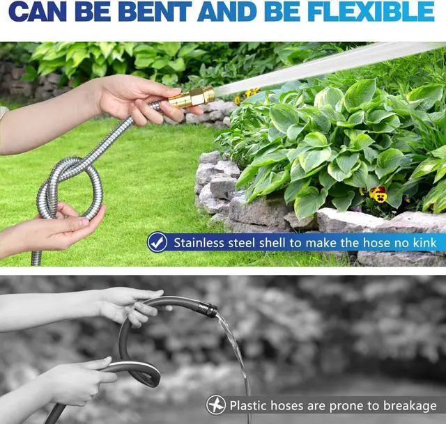 Alt view image 5 of 7 - Metal Garden Hose 50 ft  304 Stainless Steel Water Hose with Nozzle Sprayer, Garden Hoses Flexible, Lightweight, No Kink, Heavy Duty for Outdoor (50 ft)