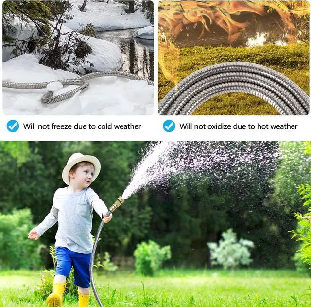Alt view image 7 of 7 - Metal Garden Hose 50 ft  304 Stainless Steel Water Hose with Nozzle Sprayer, Garden Hoses Flexible, Lightweight, No Kink, Heavy Duty for Outdoor (50 ft)