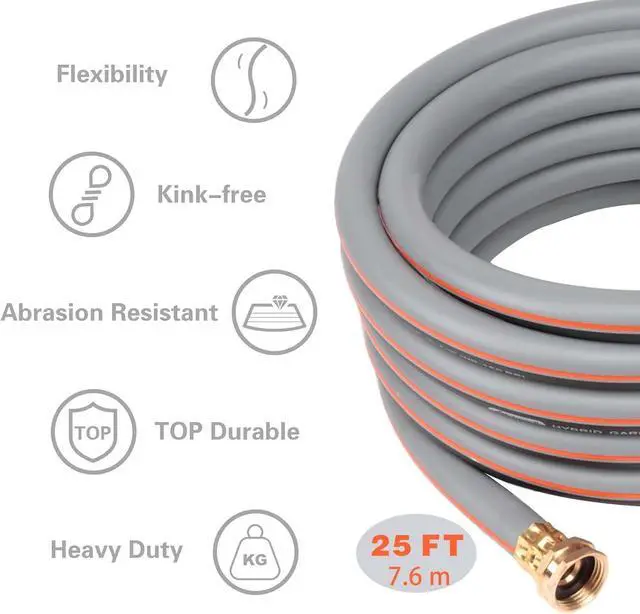 Alt view image 2 of 7 - Garden Hose 25 ft 5/8,Rubber Water Hose Heavy Duty, Hybrid Durable Flexible Hose,Lightweight No Kink Hose for Outdoor Yard Lawn with Sprayer Nozzle and 3/4''Brass Solid Fittings