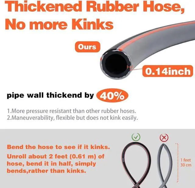Alt view image 3 of 7 - Garden Hose 25 ft 5/8,Rubber Water Hose Heavy Duty, Hybrid Durable Flexible Hose,Lightweight No Kink Hose for Outdoor Yard Lawn with Sprayer Nozzle and 3/4''Brass Solid Fittings
