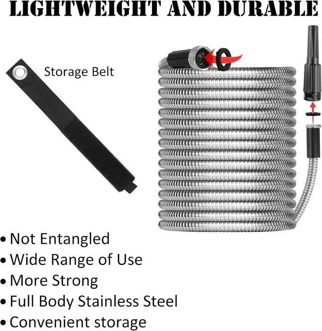 Alt view image 4 of 6 - Metal Garden Hose 50ft with Super Tough and Soft Water Hose, Household Stainless Steel Hose, Durable Mighty Garden Hose with Adjustable Nozzle, No Kinks and Tangles, Easy to Store with Storage Strap