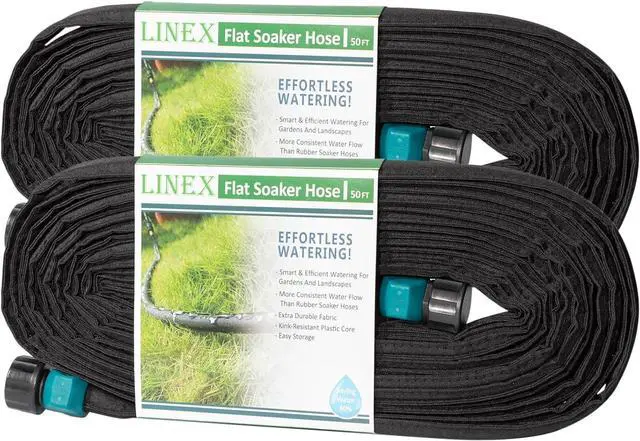 Main image of LINEX Flat Soaker Hose 100 ft for Garden Beds, 1/2'' x 50 ft 2 Pack Drip Irrigation Hoses Save Water 80% Heavy Duty for Vegetable