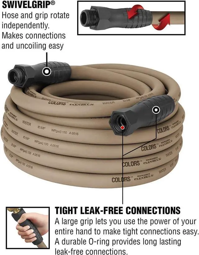 Alt view image 4 of 7 - Colors Garden Hose with SwivelGrip, 5/8 in. x 50 ft., Drinking Water Safe, Brown Mulch - HFZC550BRS