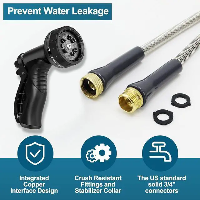 Alt view image 2 of 7 - Stainless Steel Garden Hose 100ft Heavy Duty Metal Water Hoses with 10 Function Water Hose Nozzles for Yard Outdoor