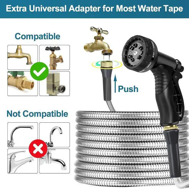 Alt view image 3 of 7 - Stainless Steel Garden Hose 100ft Heavy Duty Metal Water Hoses with 10 Function Water Hose Nozzles for Yard Outdoor