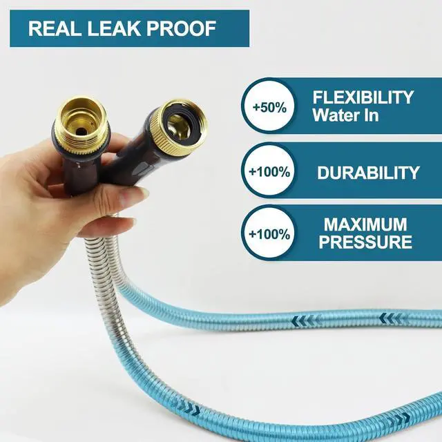 Alt view image 4 of 7 - Stainless Steel Garden Hose 100ft Heavy Duty Metal Water Hoses with 10 Function Water Hose Nozzles for Yard Outdoor